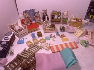 Calico Critters Lot with Furniture and lots of Accessories!!! Kitty Bunny Dog