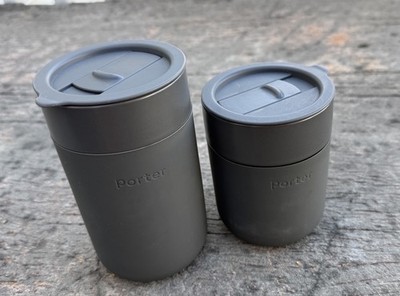 2x W&P Porter To-Go Coffee Mugs Ceramic Grey 12oz/16 oz Lids Silicone Sleeves.