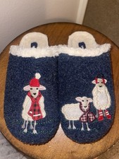 Lands End Felt Scuff Slippers Sheep In Scarves Sz 7M Faux Sherpa Fur Holidays