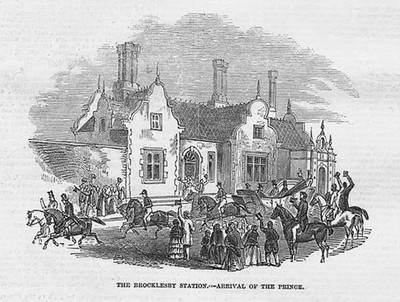BROCKLESBY Bahnhof, Ankunft des Prinzen Albert - antiker Druck 1849