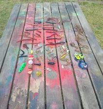 Lot of Vintage Fishing Tackle Lures Hooks Bobbers Worms Metal Stringer & Stake