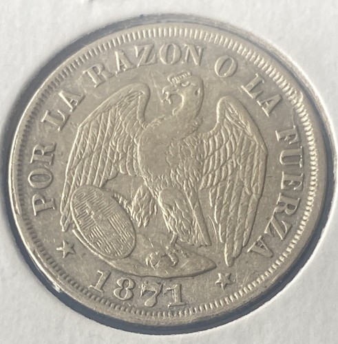 Chile 20 Cents Centavos Silver Coin 1871 Double Die On Date Condor Eagle XF+