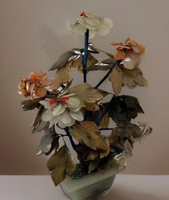 Vintage Jade/Agate Gemstone Bonsai Flower Tree 13 in.