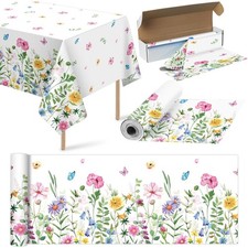 4.5x100ft Roll of Spring Floral Plastic Tablecloth, Flower Butterfly Table