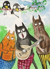 ACEO PRINT OF WATERCOLOR PAINTING RYTA TUXEDO CAT TABBY WHIMSICAL ART CROW MUSIC