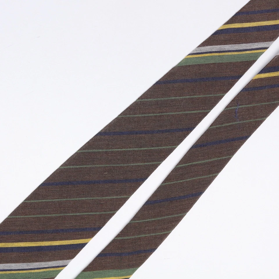 John G Hardy Mens Wool Silk Necktie Brown Yellow Green Stripe Weave Lightweight - Image 3 of 4