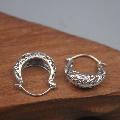 Real 925 Sterling Silver Earrings Hoop Vintage Pattern Small