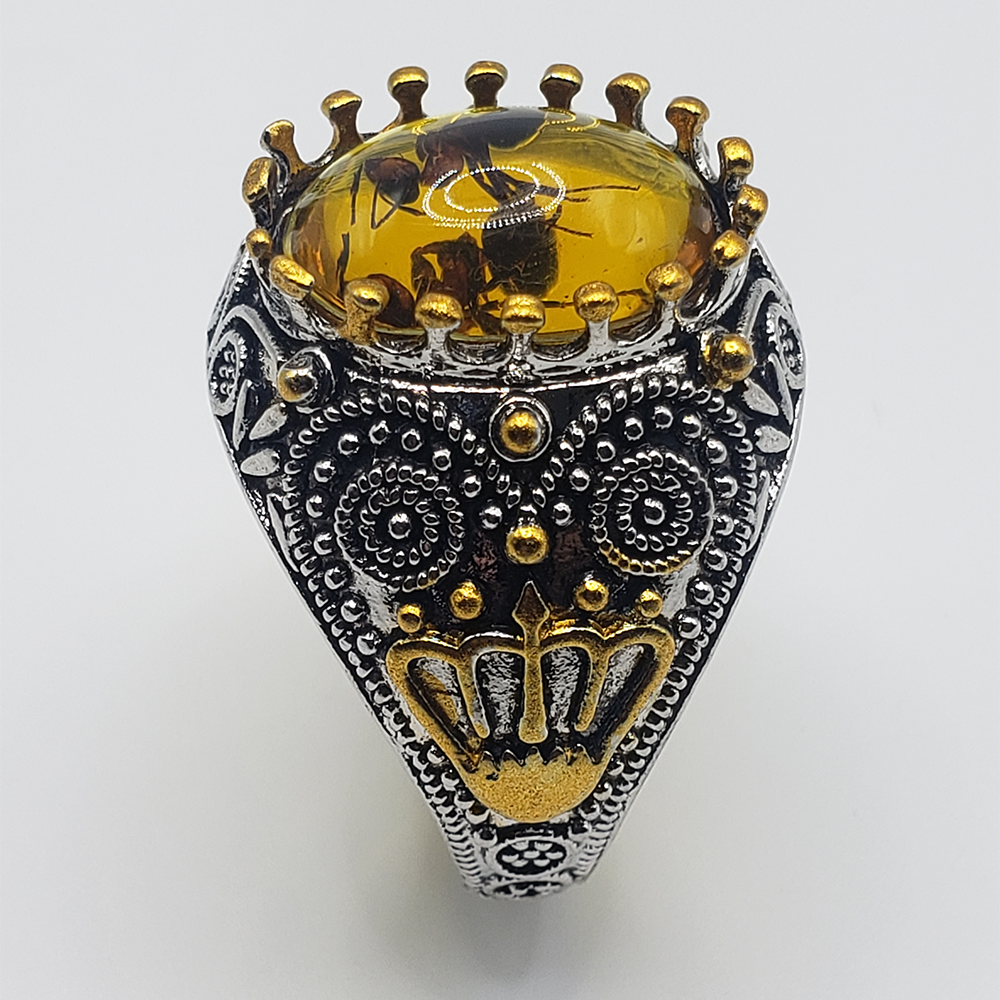 Silver Antique Big Oval Yellow Resin Stone Ant Amber Ring For Men