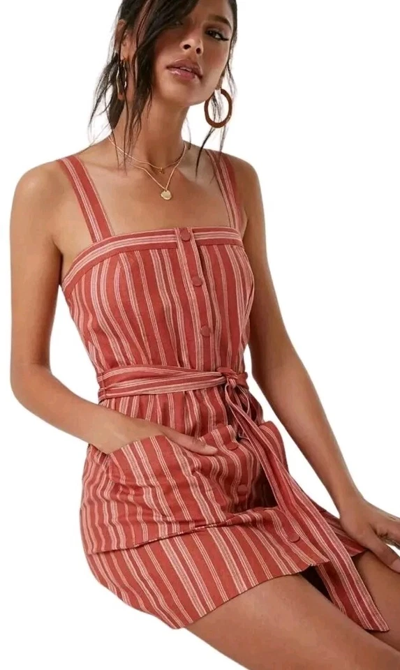 Forever21 SzM Pinstripe Pink/White Button-Up Dress Belted Waist Pkts Linen Blend - Image 2 of 4