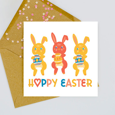 Quadratische Karte Hoppy Ostern - Aquarell Baby Hase Happy Rabbit Eiersuche Kranz