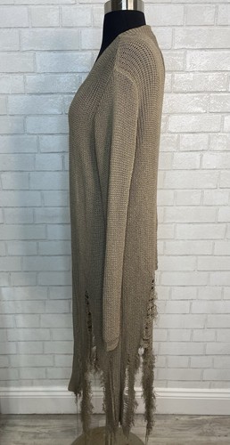 Distressed Shredded Tan Taupe Long Duster Cardigan Sweater Women’s M/L Grunge - Picture 8 of 14