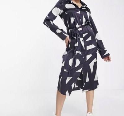 Asos Monkl Women's Size XL Navy & Gray Belted Midi Shirt Dress | eBay