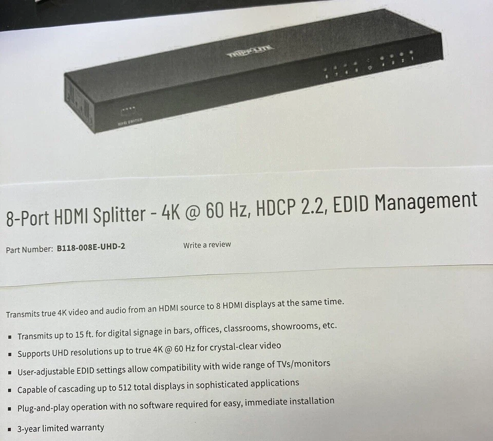 Tripp-Lite 8 Port UHD HDMI Splitter w/ EDID Video Audio Model # B118-008E-UHD-2 - Image 4 of 4