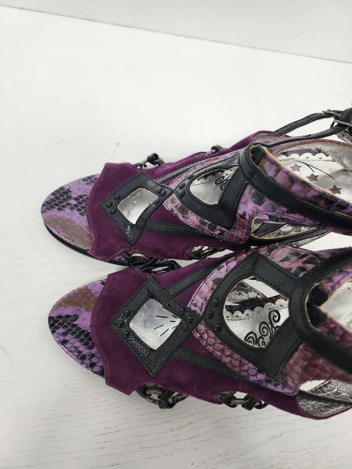 Naughty Monkey Women Lea Heels 7.5 Purple Black Snake Skin Suede Strappy Sandals - Image 3 of 4