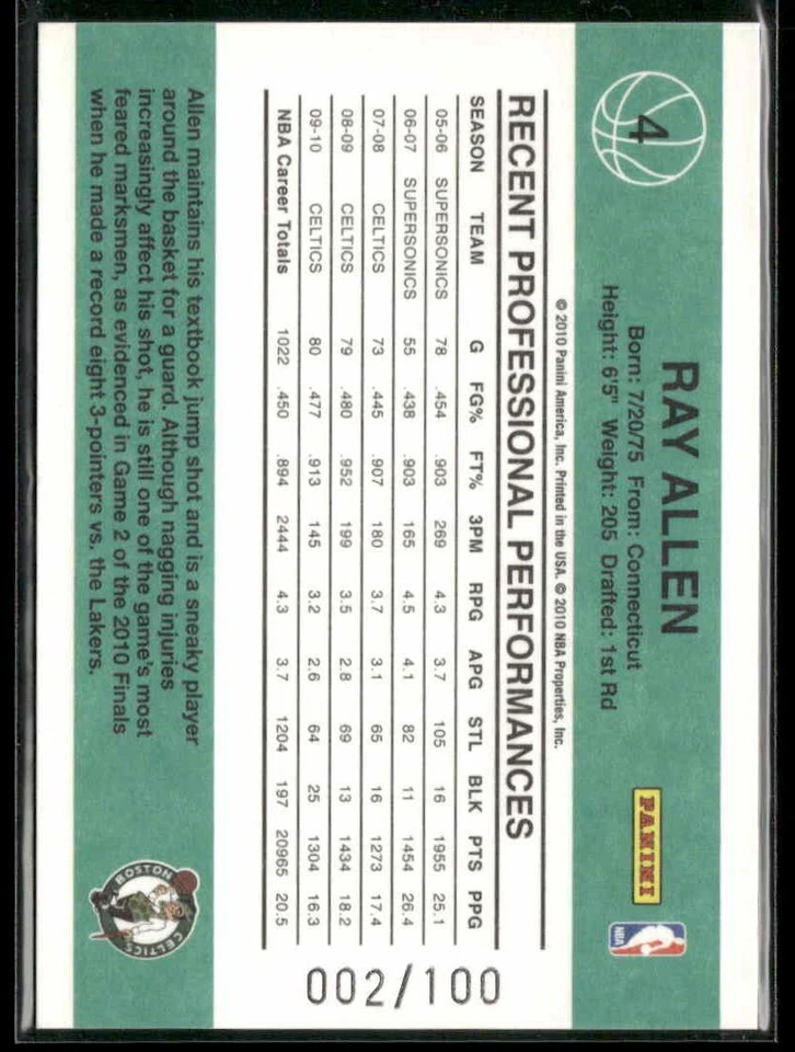 2010-11 Donruss #4 Ray Allen Press Proof #/100 - Image 2 of 2