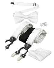 Mens Paisley Suspender and Bowtie Hanky Cufflinks-White