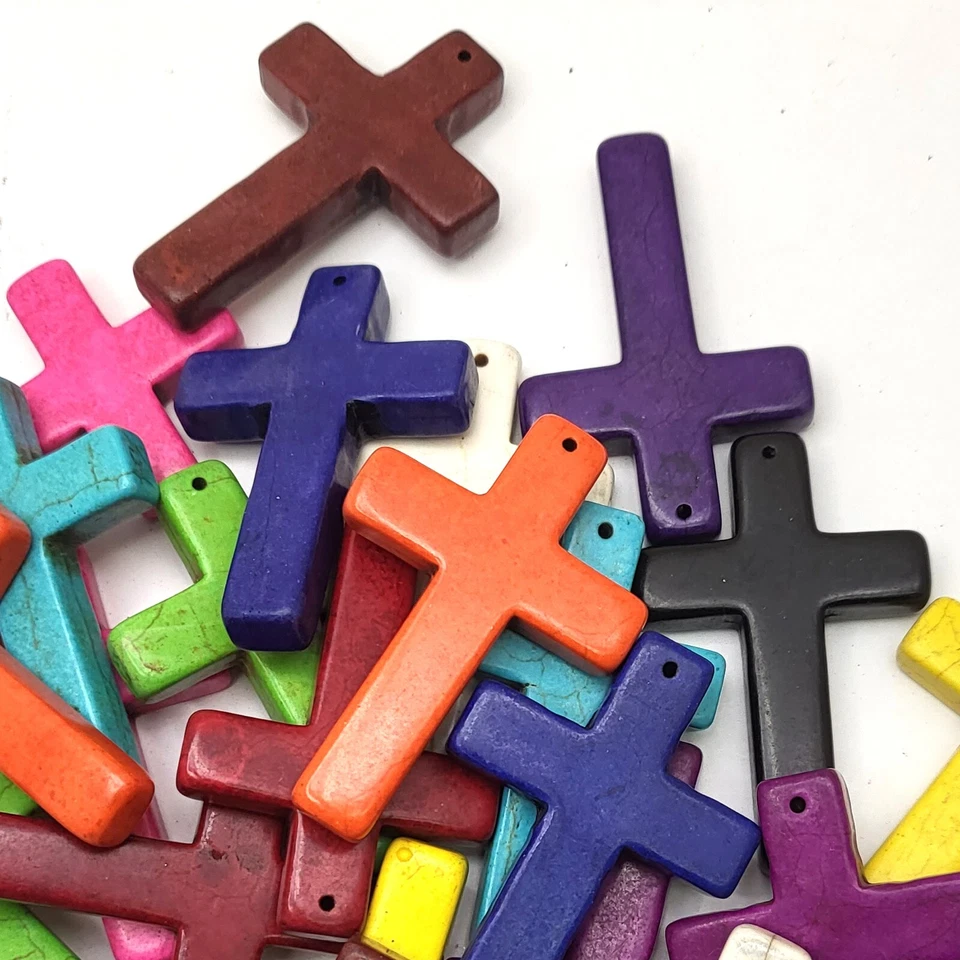 Collar Colgante Cruz Howlita Turquesa Decoración Cruz 2.25" Azul Blanco Naranja Foto 4 de 4