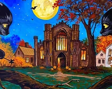 ACEO PRINT OF PAINTING RYTA HALLOWEEN BLACK CAT WITCH AUTUMN FOLK ART Salem 🍁