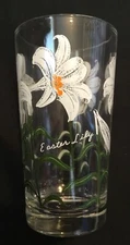 VTG BOSCUL PEANUT BUTTER GLASS 5" 'EASTER LILY' VERTICAL LEAVES WHITE LETTERING