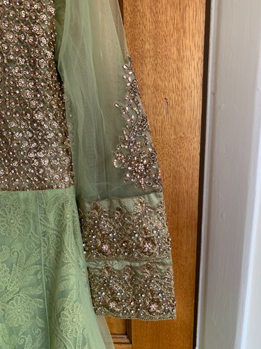 asian party special occasion anarkali mint green intricate embroidered net gown - Picture 7 of 16