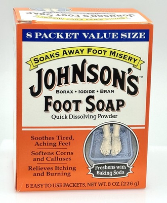 #ad Johnsons Foot Soap Soak Soothes Tired Aching Feet Soften Calluses 1 box 8 packet $80.00