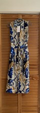 ZARA SLEEVELESS ECU BLUE PRINTED MIDI SHIRT GOLD BUTTONS BELTED DRESS sz S