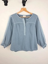 Wrap London Embroidered Cotton Blouse Size 12 | Boho Artisan Top | Blue Grey