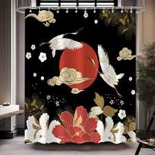 Japanese Shower Curtain, Black Gold Pine Tree Red Sun Abstract Asian Anime Sh...