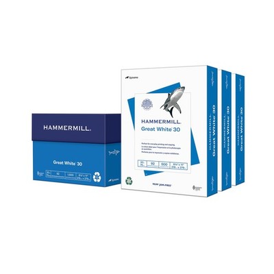 Hammermill Printer Paper, Great White 30% Recycled Paper, 8.5''x 11'', 1500 sheets