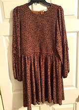 American Eagle XL Brown/Black Animal Print Smocked Ruffle Sleeve Dress