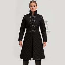 Medieval Gambeson Long Black Color with Dark Brown Leather Trim For Knight