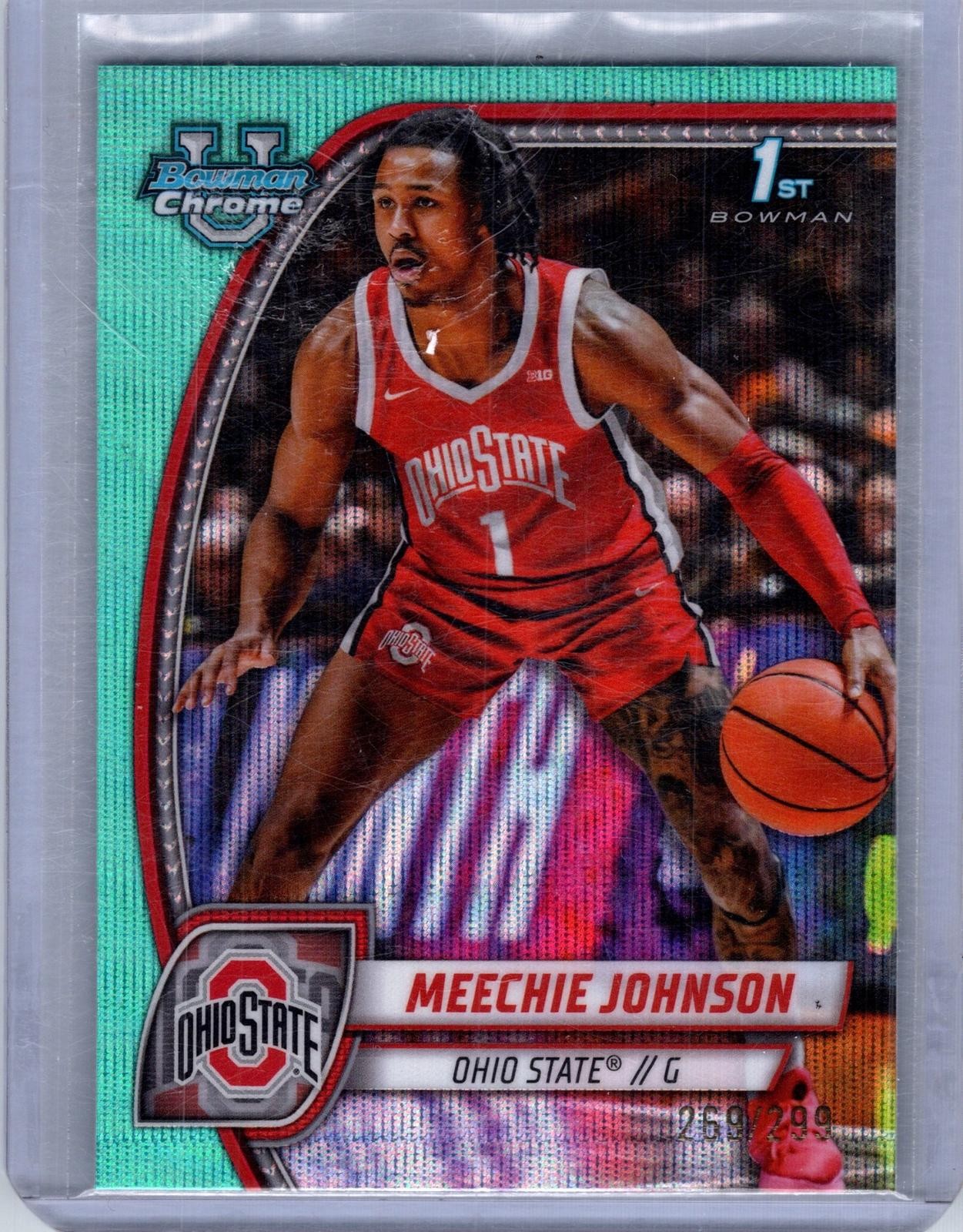 2024-25 Bowman University Chrome #54 Meechie Johnson Aqua Wave Refractor #/299