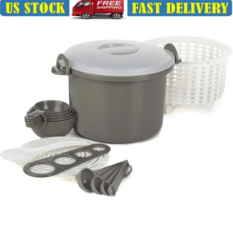 Microwave Rice Pasta Cooker 17 Piece Set 12 Cup Locking Lid Dishwasher Safe New