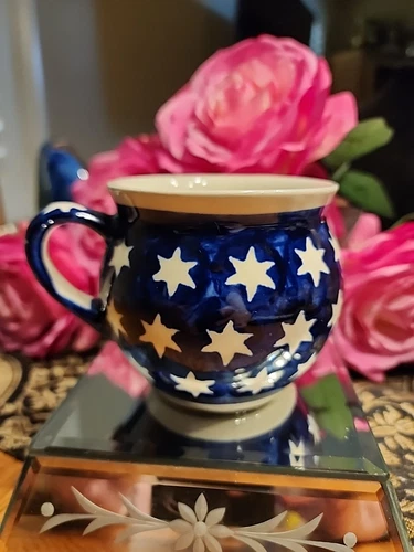 Bolestawiec Polish Pottery Bubble Cup Mug Star Pattern Hand Painted