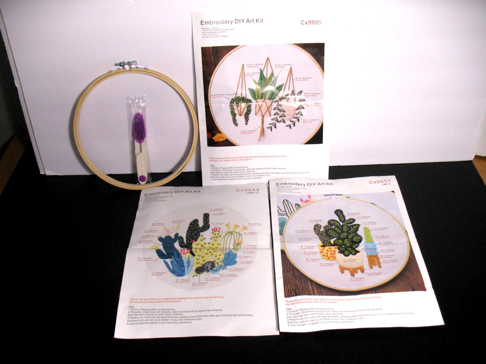 Diy Kit 3 Pack Bundle Beginners Plants Cactus Thread & Hoop 