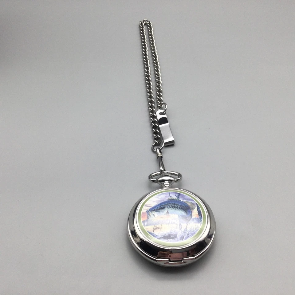 Reloj Bolsillo Al Agnew 45mm Cadena Lubina Pesca Hombres Tono Plata Batería Nueva 12" Foto 3 de 4
