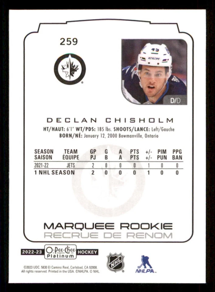 2022-23 O-Pee-Chee Platinum #259 Declan Chisholm RC - Image 2 of 2