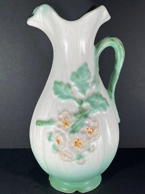 Weller Roba 1030's Vintage Art Pottery Green Pink Floral Ewer
