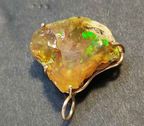 14k Yellow Gold with Raw Natural Fire Opal Rustic Pendant - Picture 6 of 8