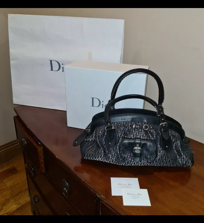 Véritable sac fourre tout vintage Christian Dior argent noir monogramme toile moyen