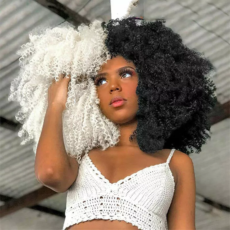 Short Bob Half Black Half White Blond Kinky Curly Wigs With Bangs Synthetic  Hair | Ebay
