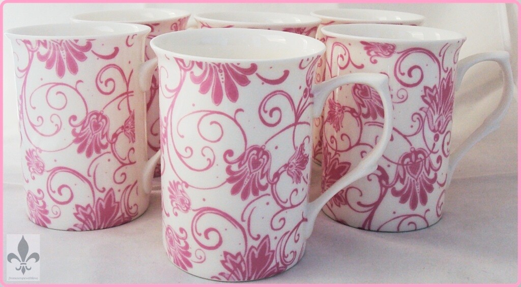 Parisian Pink Mugs Set 6 Fine Bone China Pink Floral Swirl Cups Decorated UK