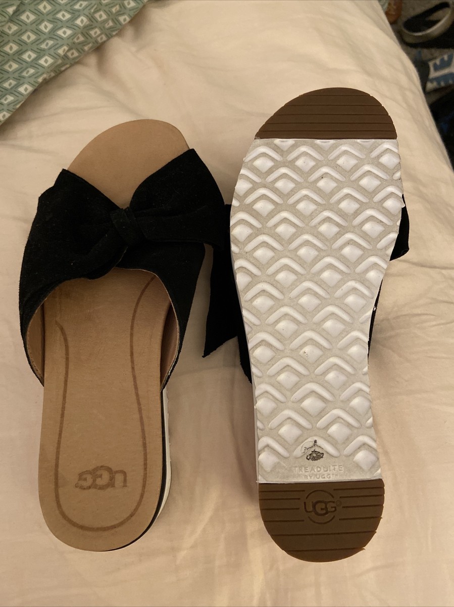 UGG Joan II Black Platform Slides Suede Bow Leather Lined 
