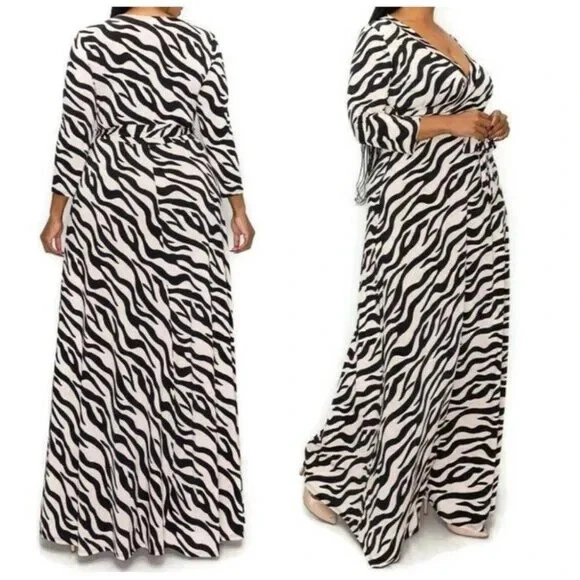 Maxi Vestido Janette Moda Negro Taupe Estampado Animal Imitación Envoltura Talla Plussa Foto 3 de 3