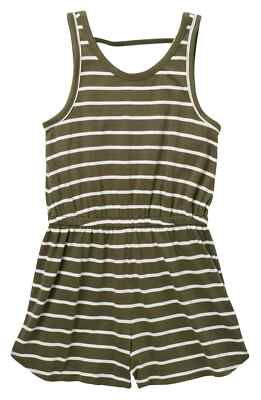 Melrose And Market Kids' Knit Romper In Olive Sarma Ivory Stripe Size XL 14-16
