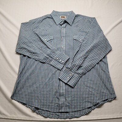 Ely Cattleman Pearl Snap Shirt Mens 2XL Blue Plaid Long Sleeve Western Cowboy