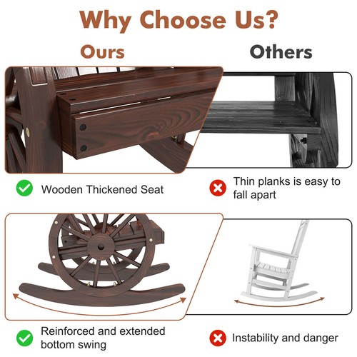 Wooden Rocking Chair with High Back Wagon Wheel Bench Patio Porch ...