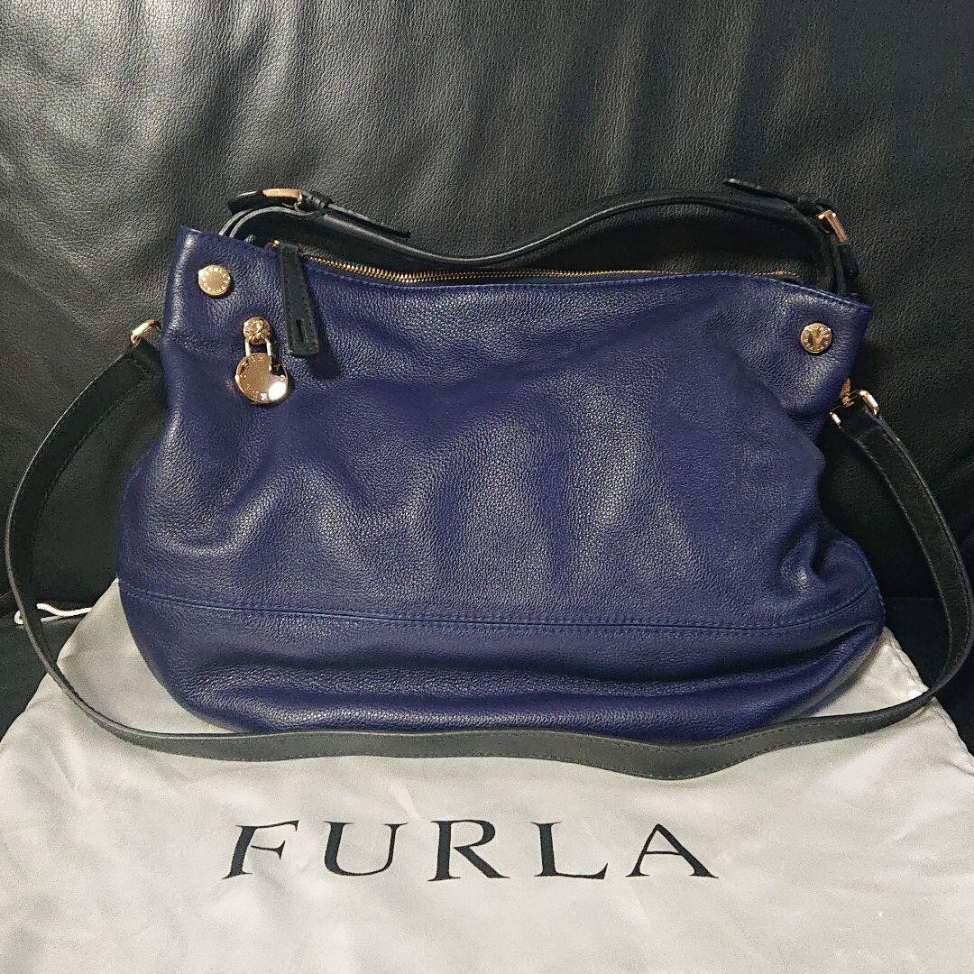 FURLA 2way Hand Tote Crossbody Bag Women Navy Blue With Padlock Charm