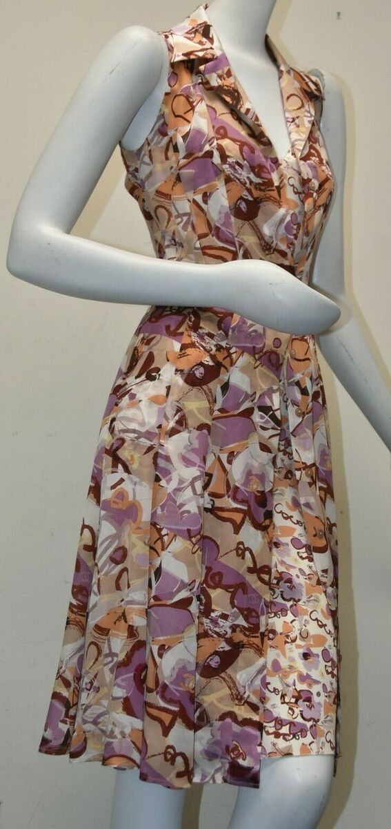 NEW Chanel 2 PC SET Slip + Dress Button Down SILK Lilac CC COCO Print Ivory  36