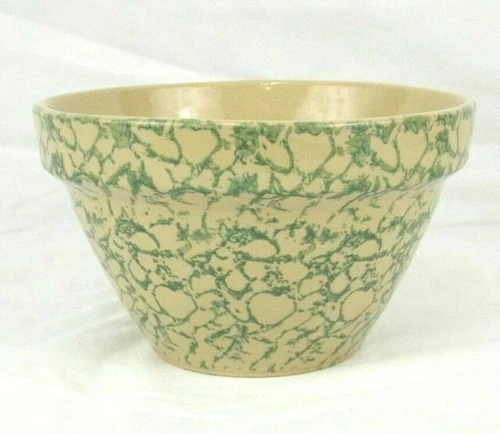 Vintage RRP Co Roseville Ohio Pottery 8 inch Green & Tan Spongeware Bowl 